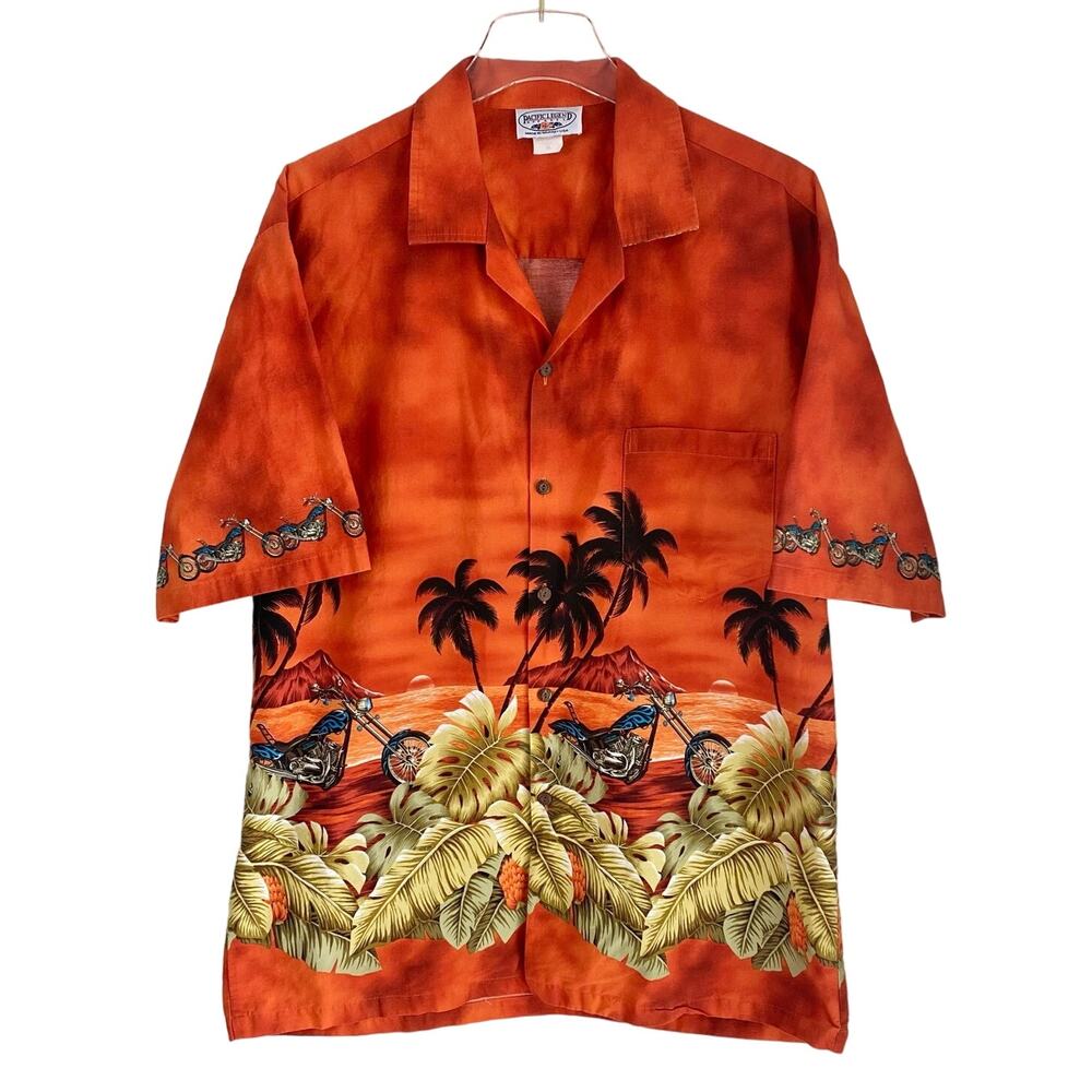 VTG Pacific Legend Hawaiian Shirt Men's XL Orange Motorcycle Palm Made in Hawaii